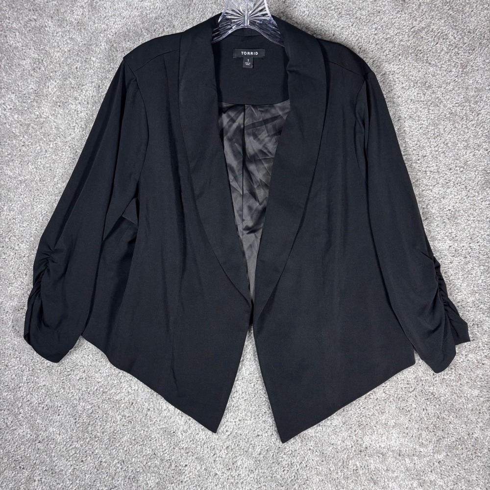Torrid Black Open Front Blazer Ruched 3/4 Sleeve Shawl Collar Plus Size